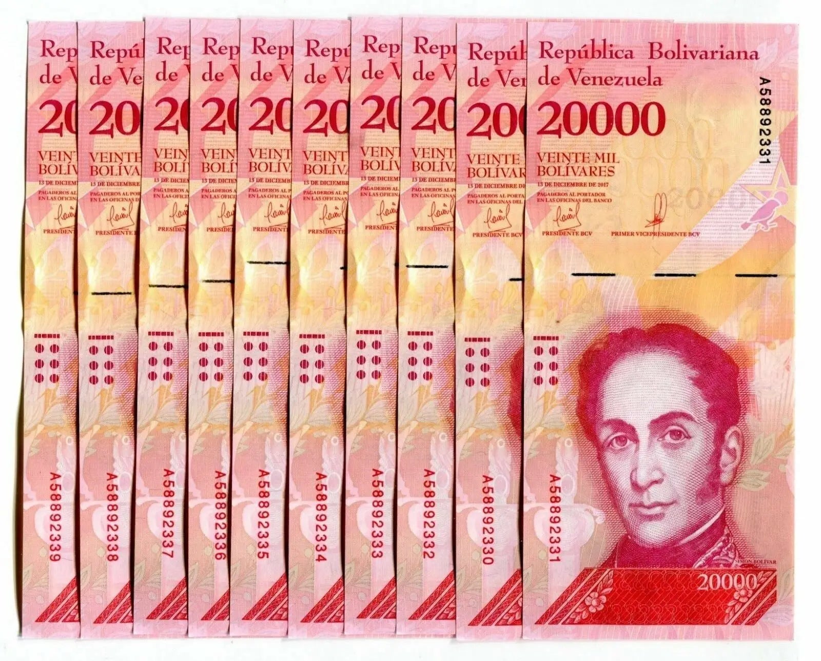 VENEZUELA BOLIVARES 10 X 20000 (20,000) P-NEW UNC LOT 10 PCS Total