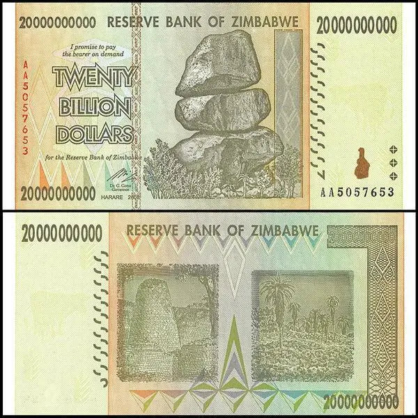 Zimbabwe 20 billion dollar banknote, featuring balancing rocks and architectural motifs, collectible currency.