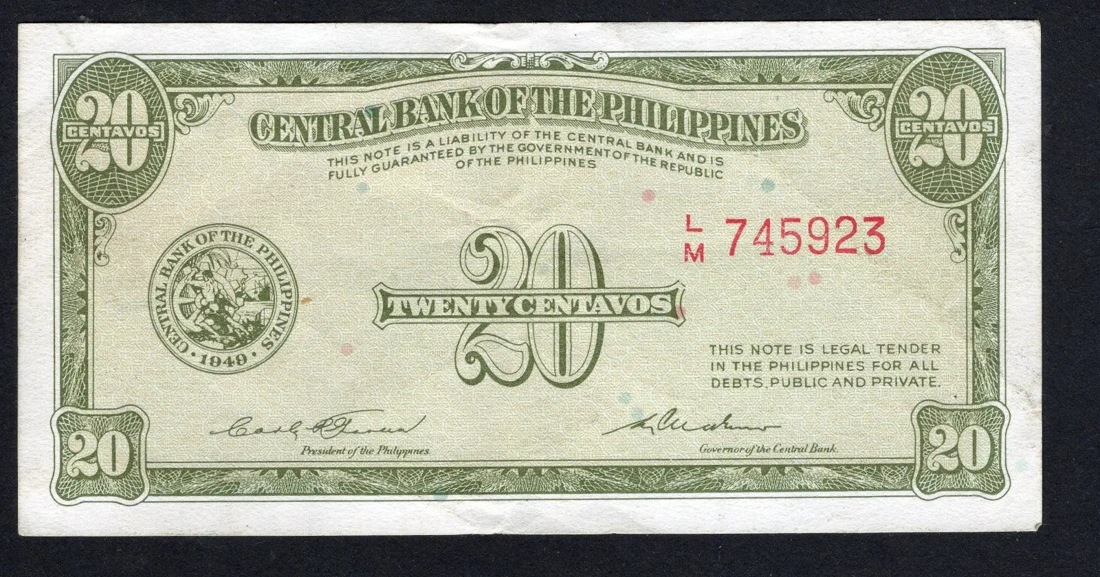 front of PHILIPPINES 20 CENTAVOS 1951 VERY FINE/D15