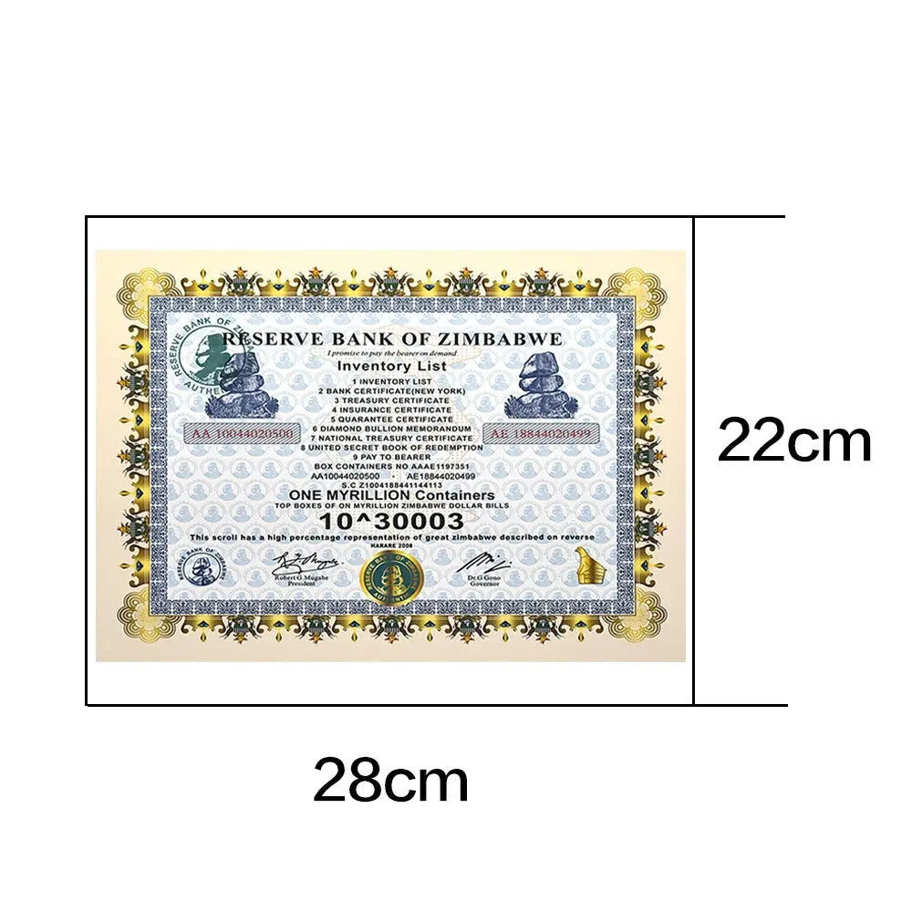 1 PC Great Myrillion Containers zimbabwe Banknote certificate 30003 Zeros Gift