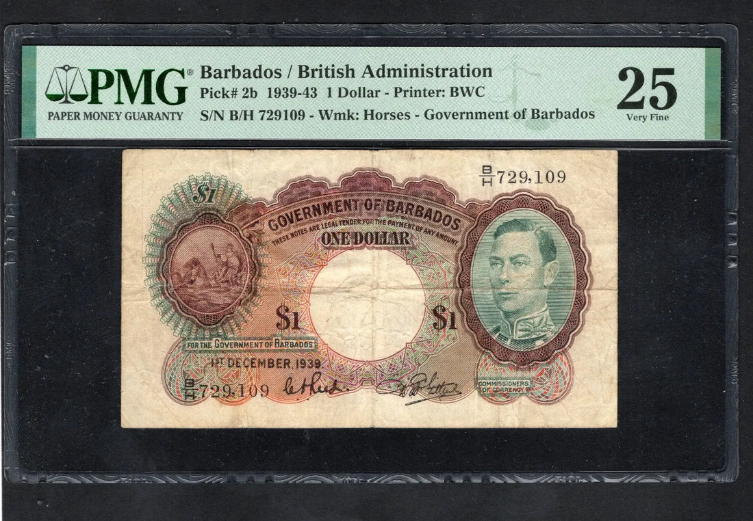 FRONT OF Barbados - 1939 One Dollar Banknote P-2b  PMG Very Fine 25