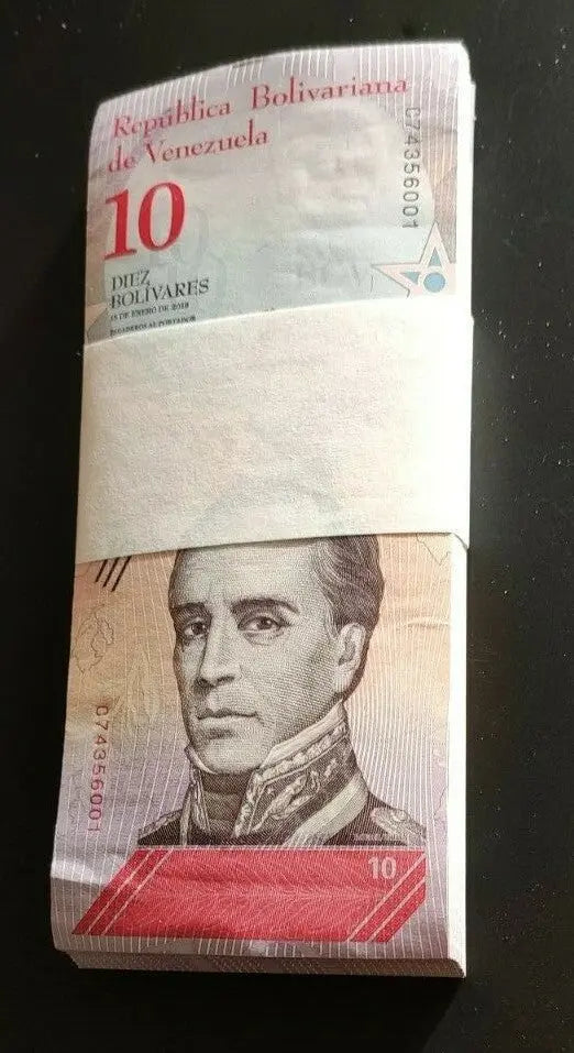 Stack of Venezuelan 10 Bolívares banknotes featuring a portrait, world currency collection