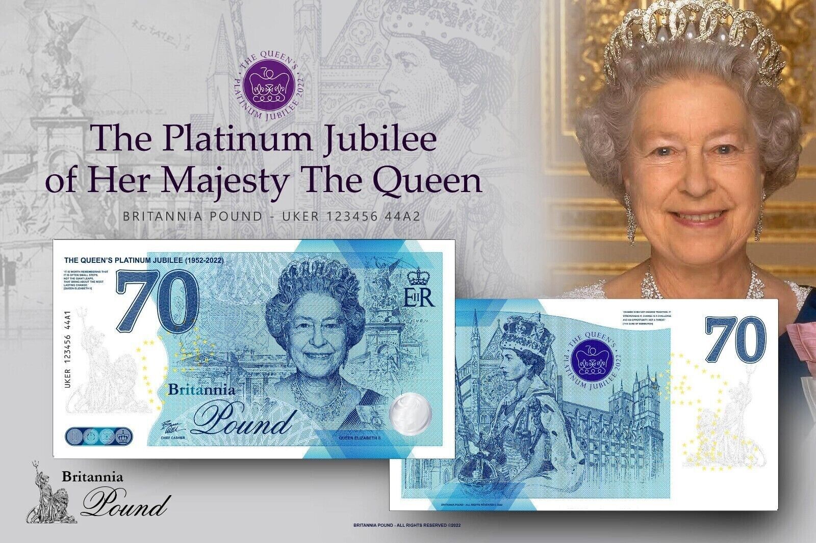 2 NOTES SET THE QUEEN'S PLATINUM JUBILEE 2022 BRITANNI COMMEMORATIVE BANKNOTE - worldbanknote