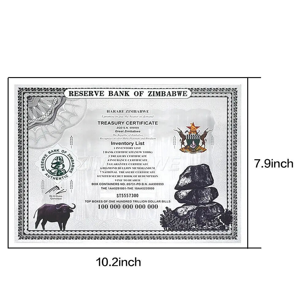 100 Trillion Dollar Silver Foil Banknote Zimbabwe Large Certificate Collectibles