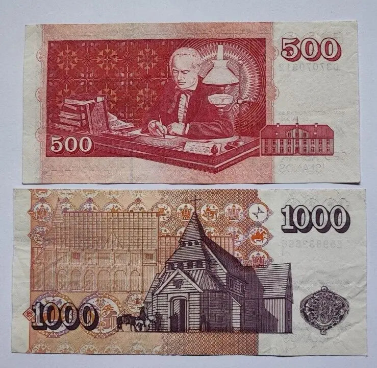 ICELAND BANKNOTES SET OF 500  AND 10000 KRONUR  USED VERY FINE.