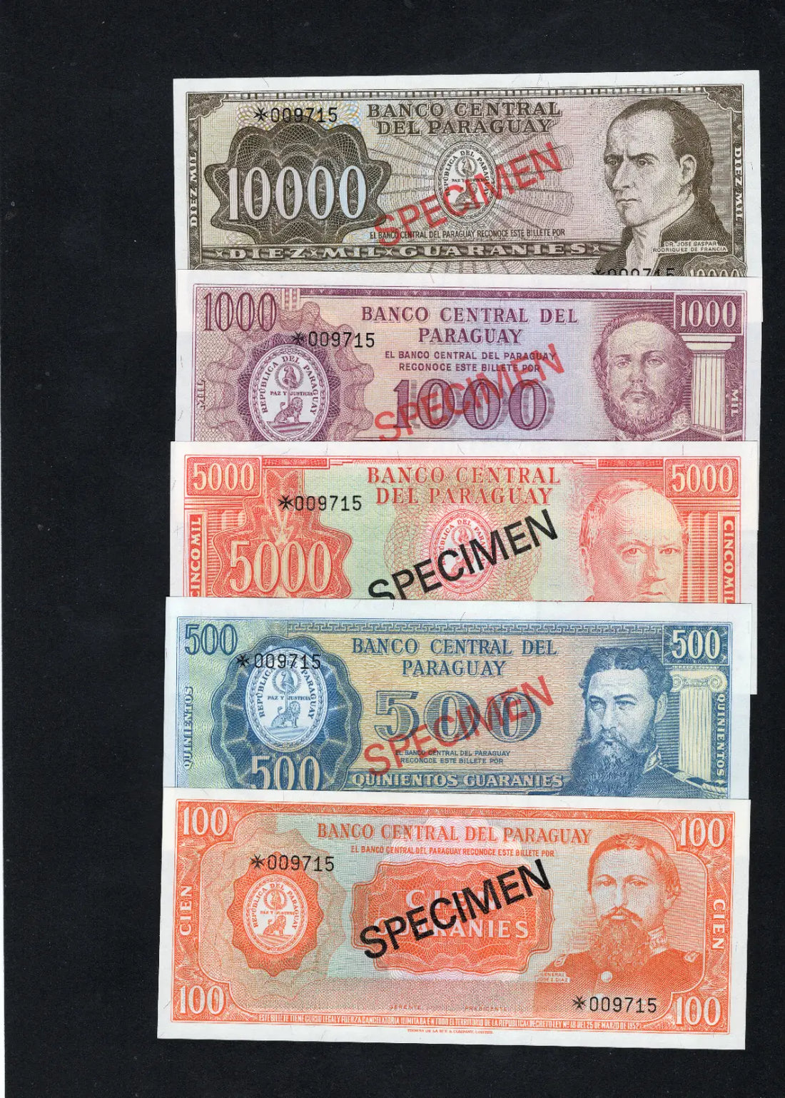 PARAGUAY 1979 SPECIMEN SET of 5 BANKNOTES /d10