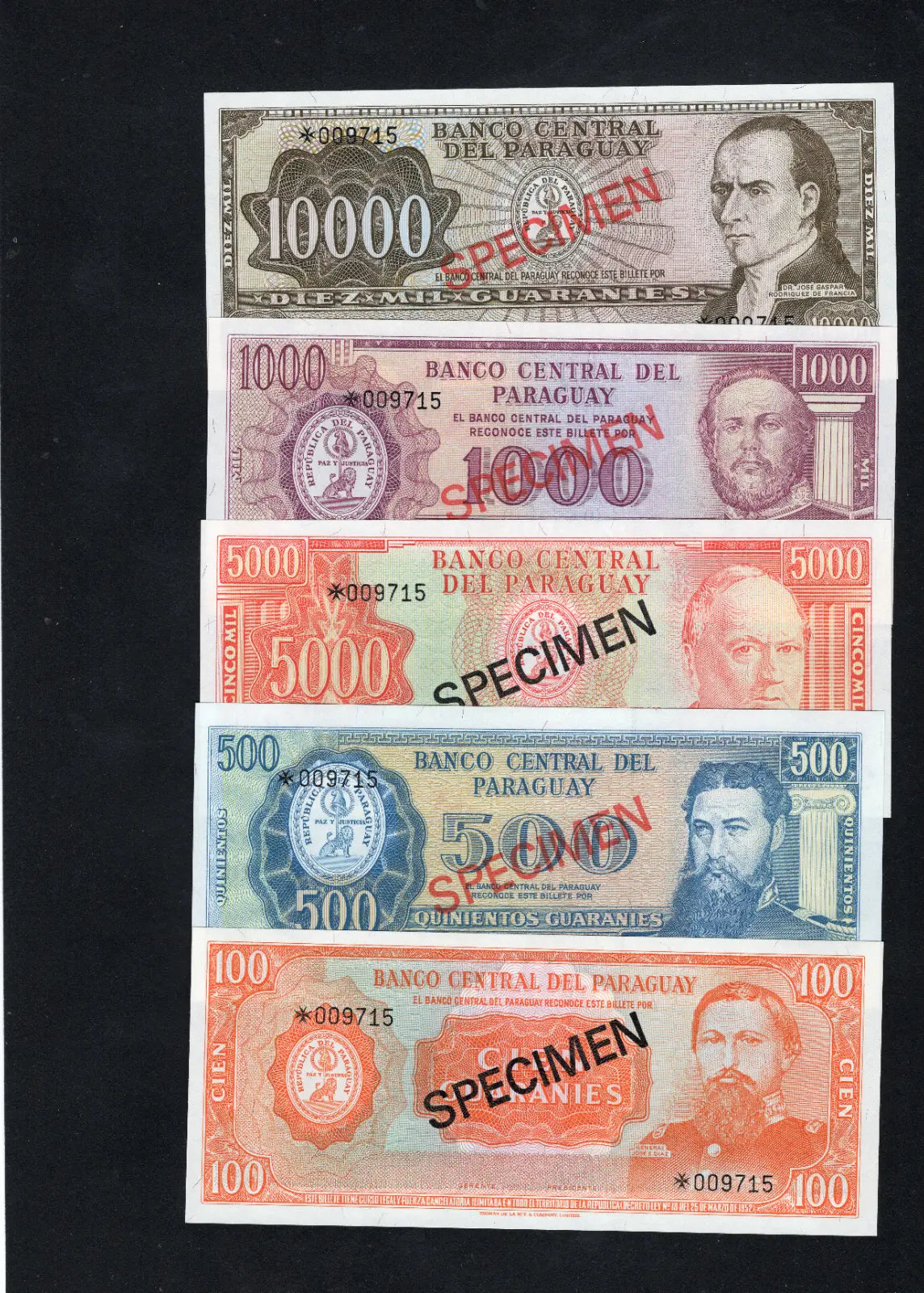 PARAGUAY 1979 SPECIMEN SET of 5 BANKNOTES /d10