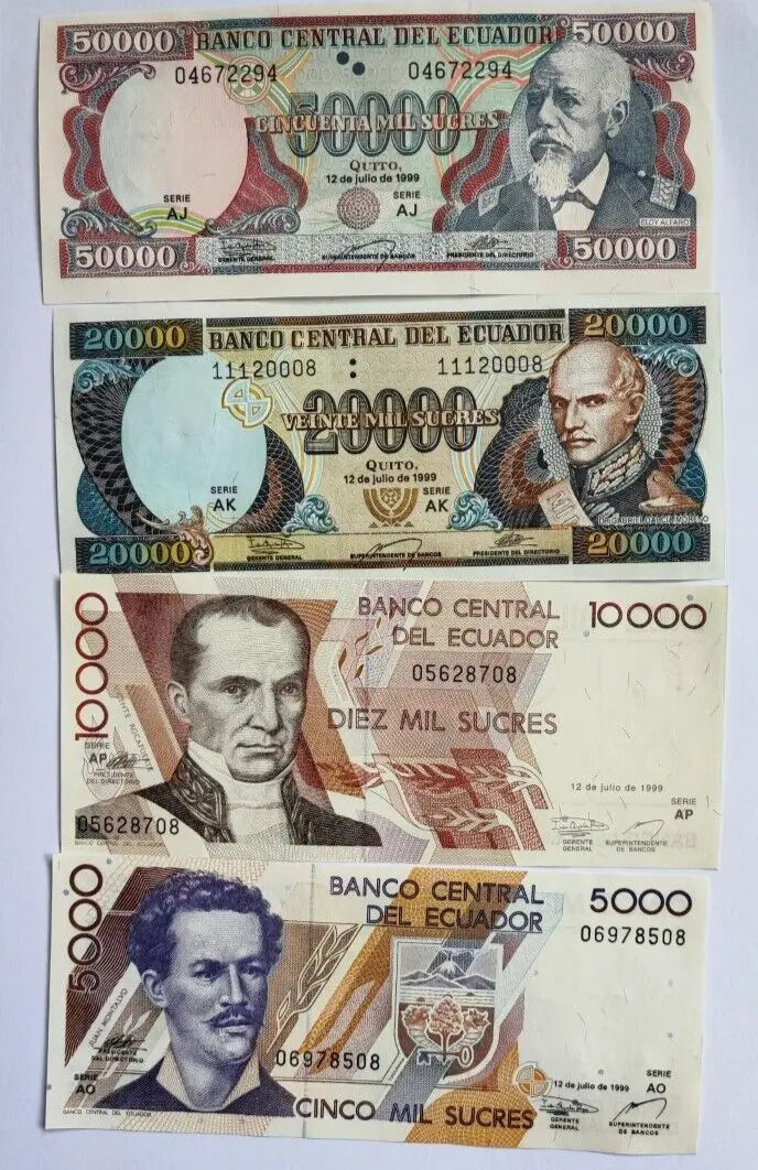 Ecuador 4 Pcs SET, 5000 10000 20000 50000 Sucres 1999, UNC, P-127, 128, 129, 130