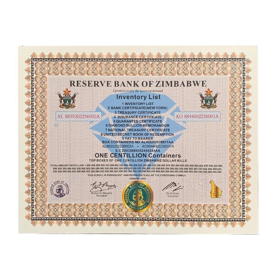 Zimbabwe ONE Centillion Containers Banknote Certificate Paper Money Gift - worldbanknote