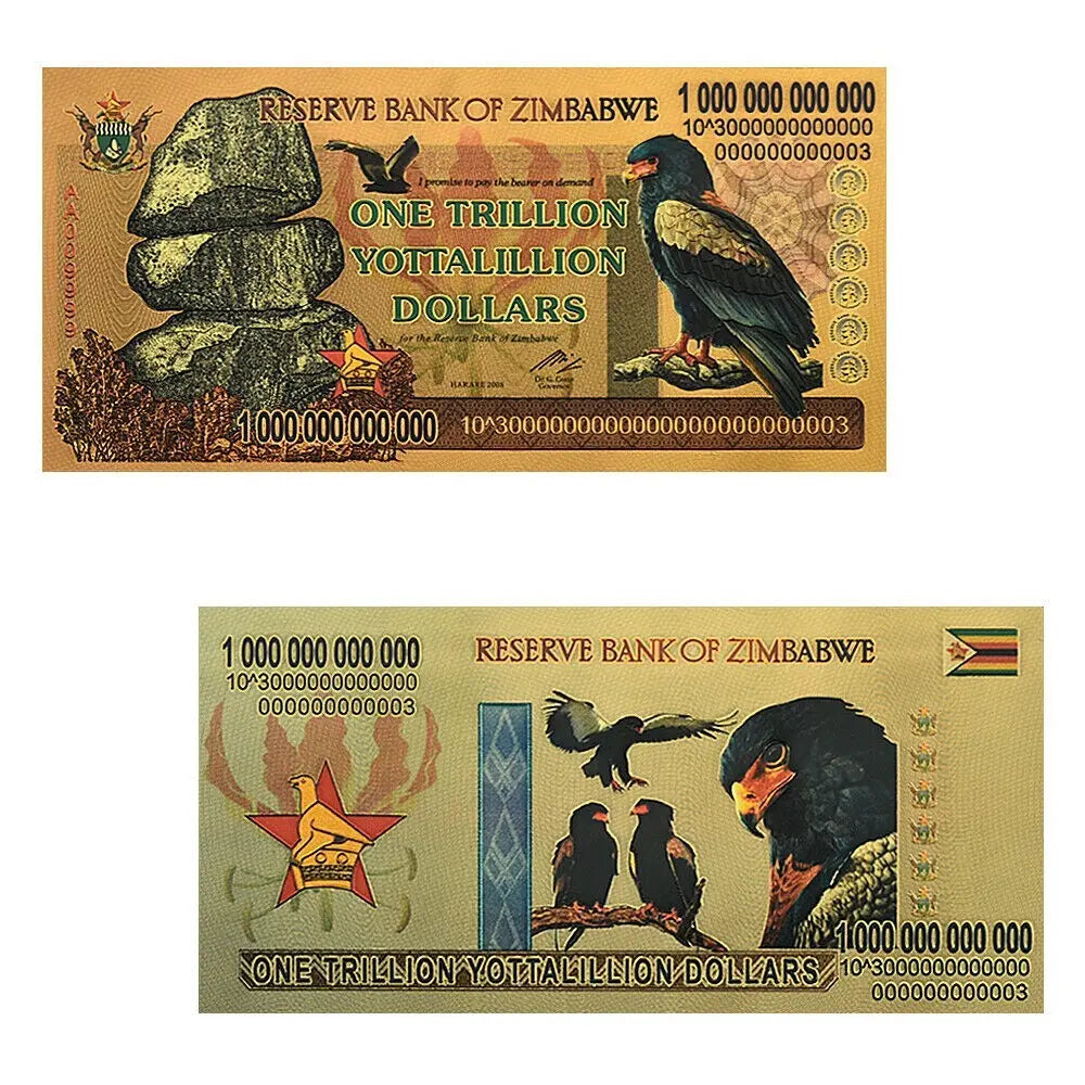 Zimbabwe 1 Trillion Yottalillion Dollars Gold Foil Banknote Reserve Bank