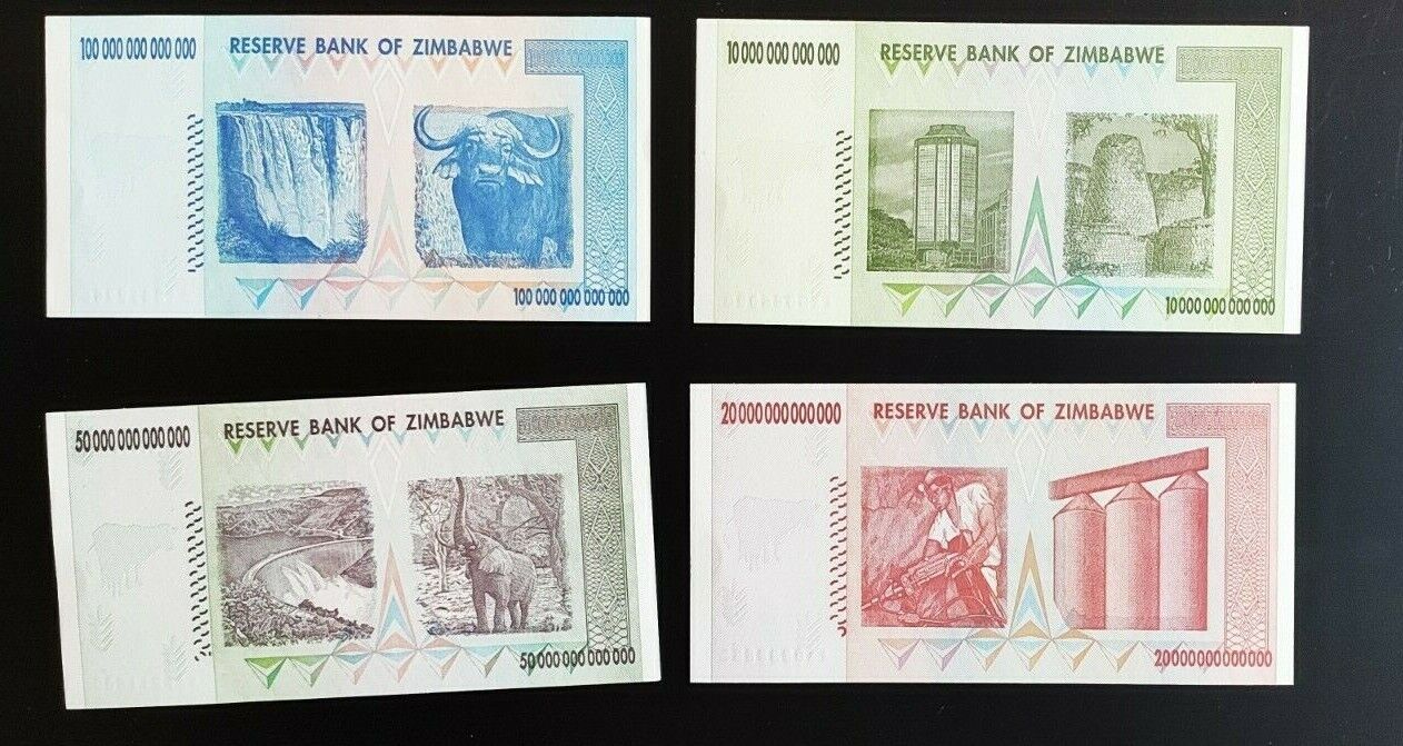 Zimbabwe 10 20 50 100 Trillion Dollars Set of 4 Banknotes UNC AA+ 2008 - worldbanknote