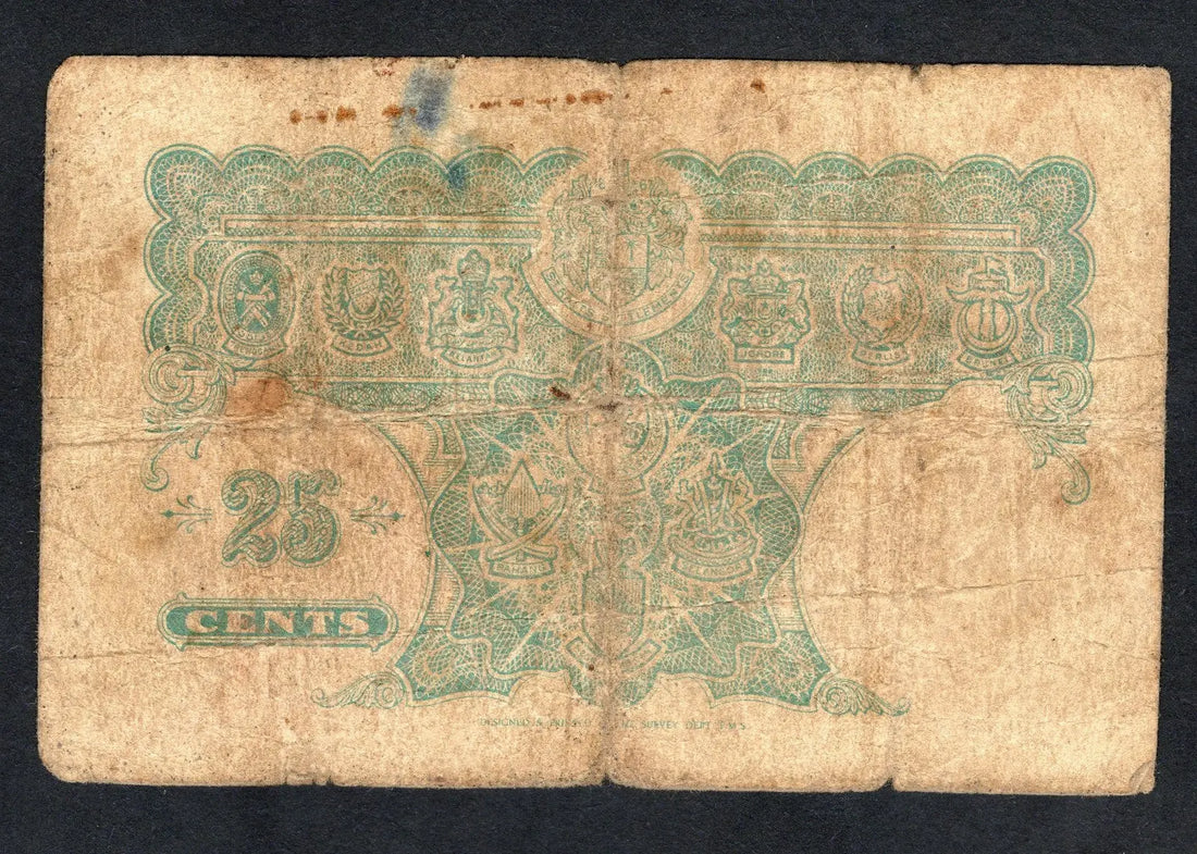 front of Straits Settlements & Malaya. 25 Cents Banknote 1940. George VI. P9 Used  /W1
