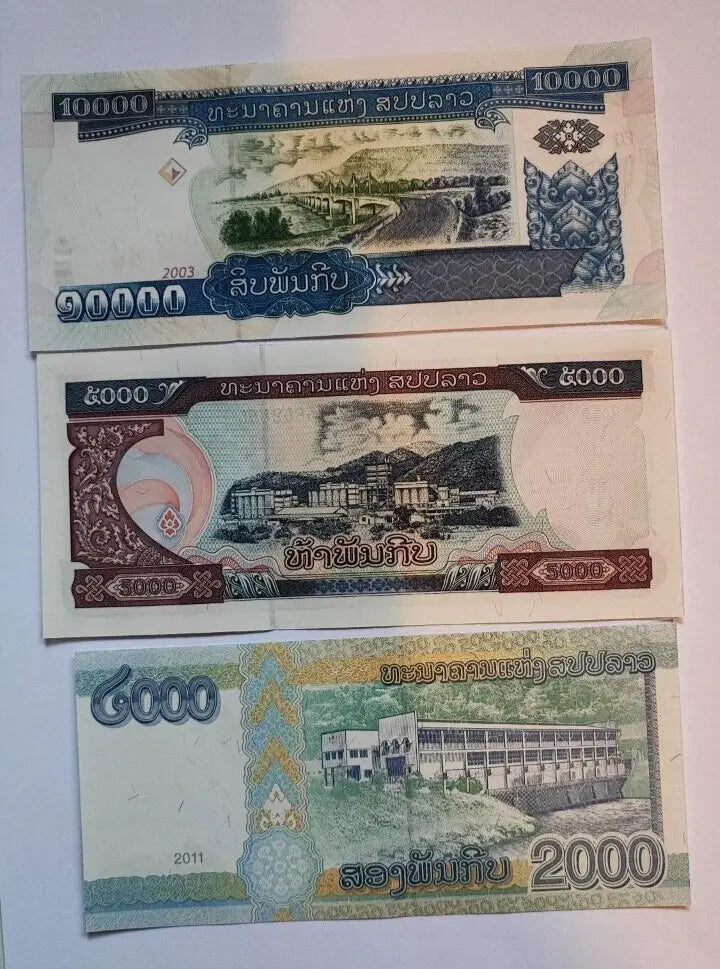 Laos 5 Set 3, 5000, 10000 and 2000 Kip, 2003 to 2011, UNC, P NEW