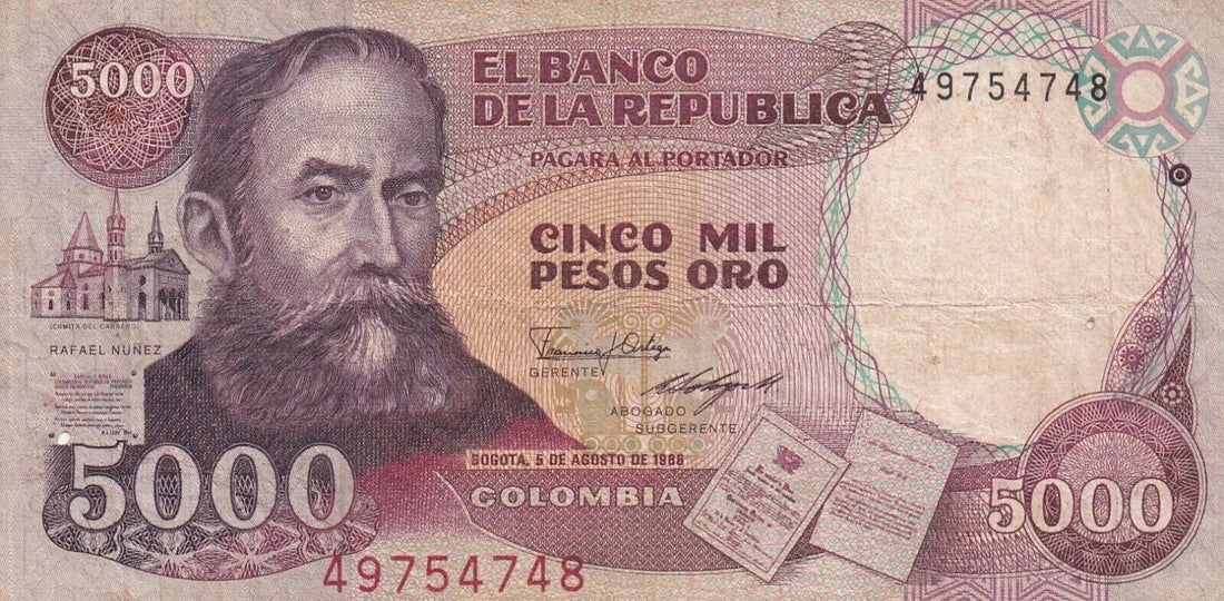 BANK OF COLOMBIA , 5000 PESOS 1986 VF/ ref d2