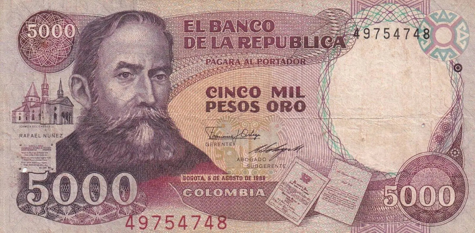 BANK OF COLOMBIA , 5000 PESOS 1986 VF/ ref d2