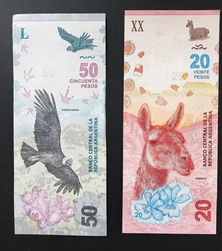 Argentina 20 pesos P361 (2017) 50 pesos P363  (2018) UNC