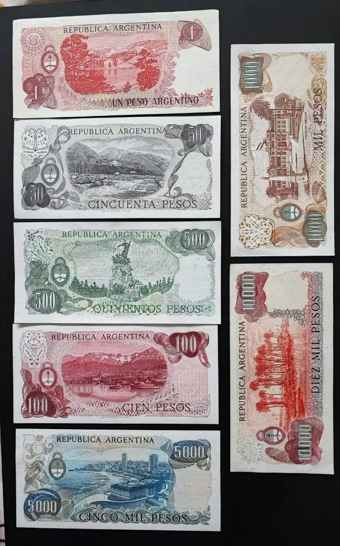 Argentina set 7 pcs 1+50+100+500+1000+5000+10000 pesos Pick 303-315 AUNC