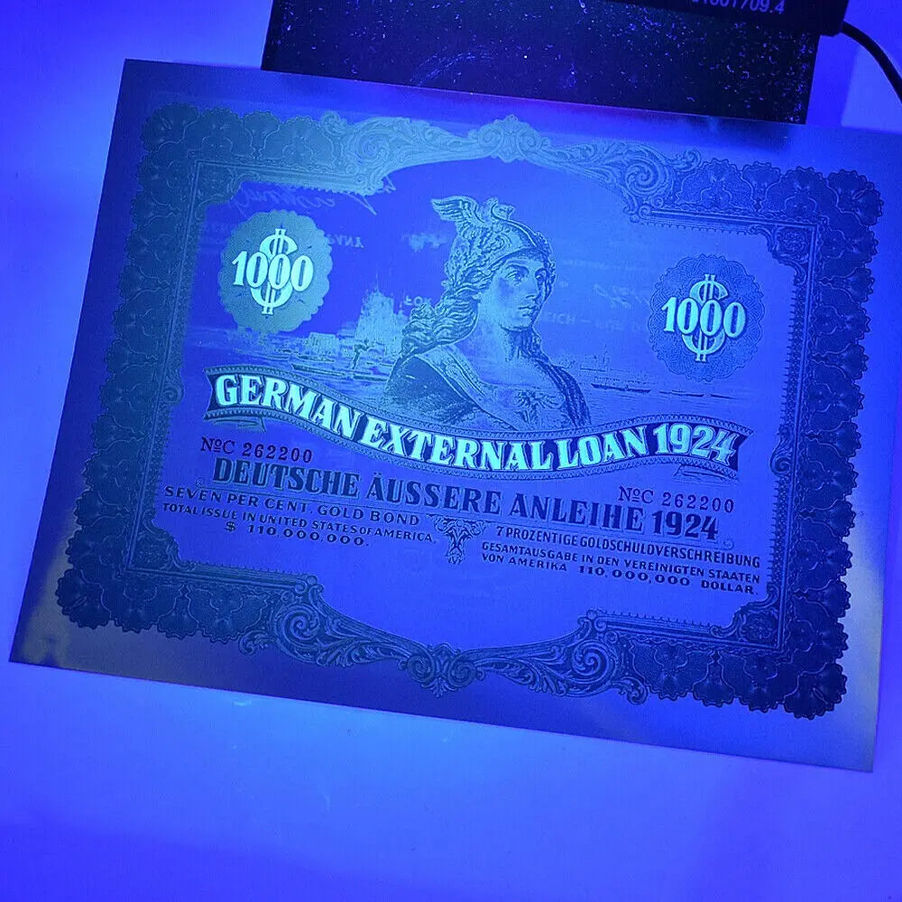 1924 German Bond $1000 Gold Foil Banknote with UV and Serial Number Gifts