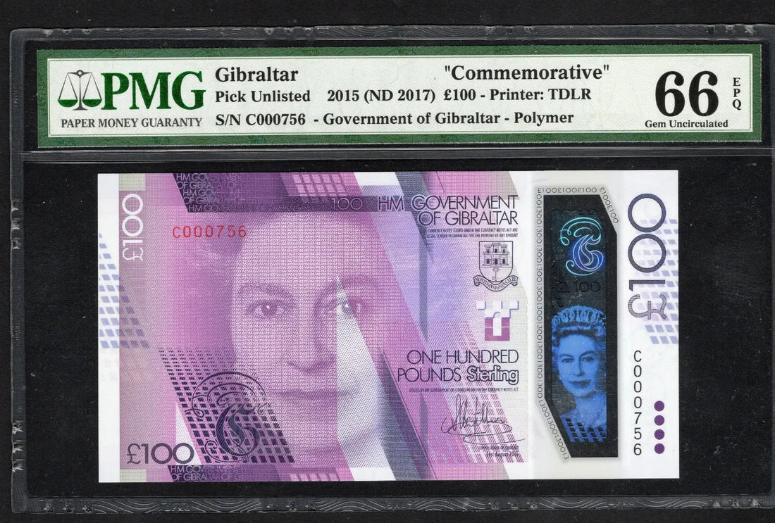 front of GIBRALTAR  100 POUNDS 2015 PMG 66 EPQ LOW SERIAL NUMBER