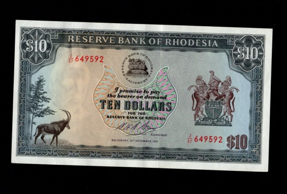 RESERVE BANK OF RHODESIA 10 DOLLARS 1975 BANKNOTE EF/REF D3 - worldbanknote