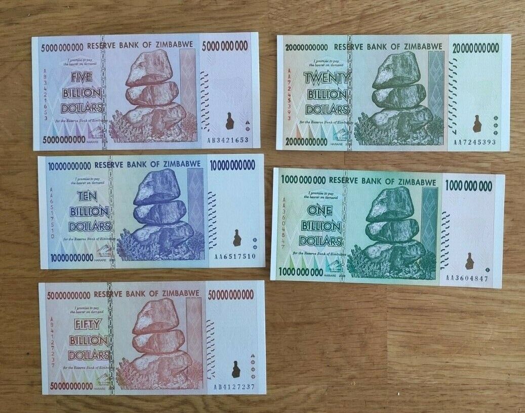 Zimbabwe Billions set Dollars Banknotes 2008 UNC - worldbanknote