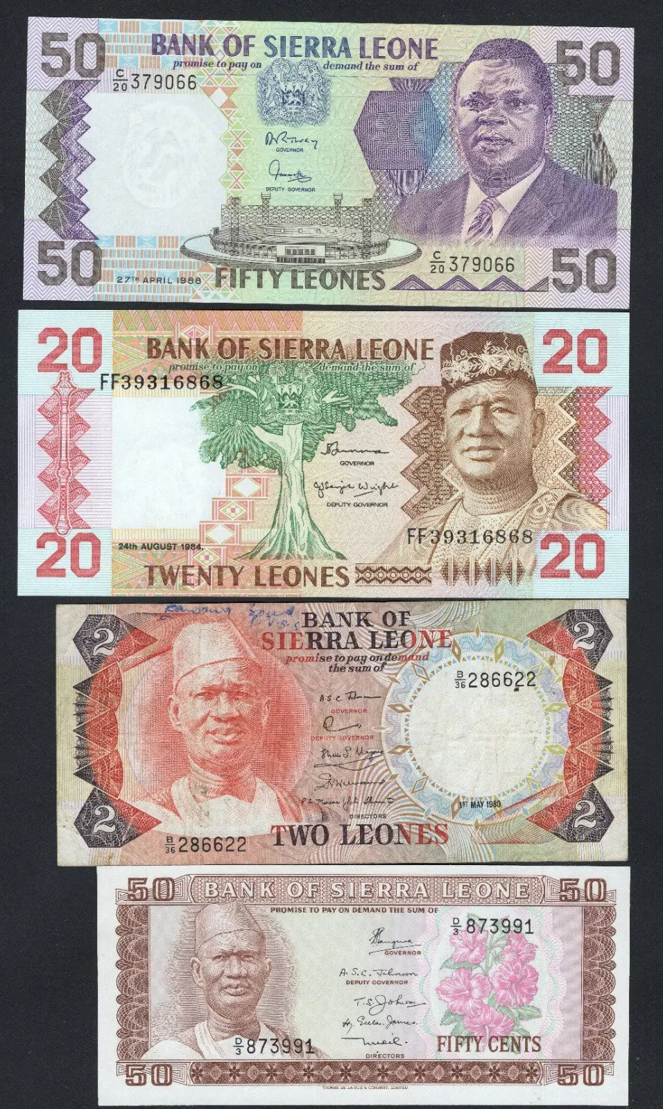 SET OF 4  SIERRA LEONE BANKNOTES  50 CENTS TO 50 LEONES VF/F10