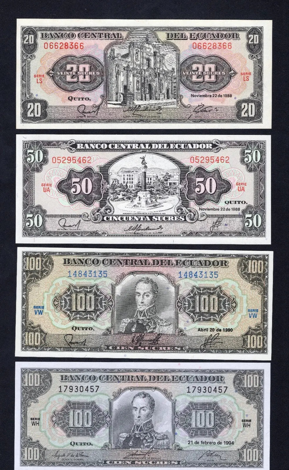 Group  of 8   Ecuador Banknotes 1986/1994 unc/c2