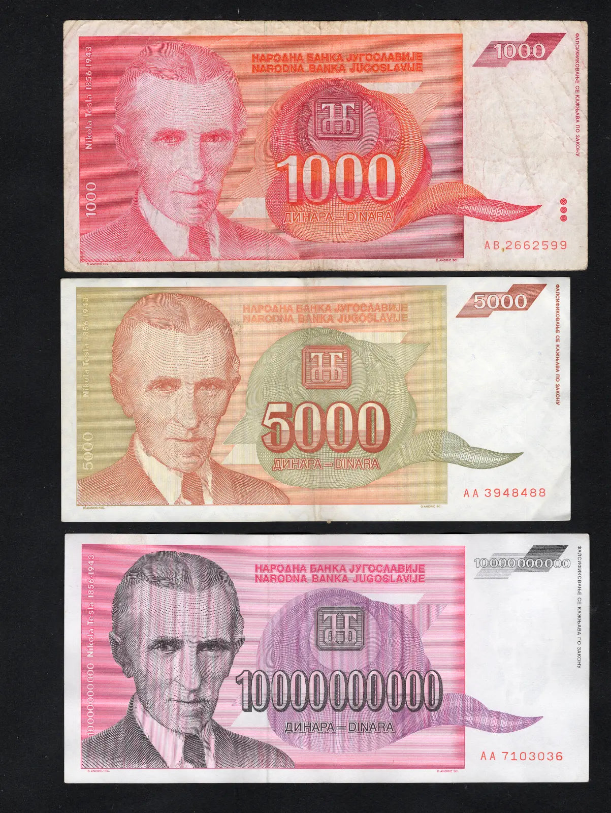 Yugoslavia 1993 Nikola Tesla 1000 & 5000 and 10 billion Dinara Banknote Used
