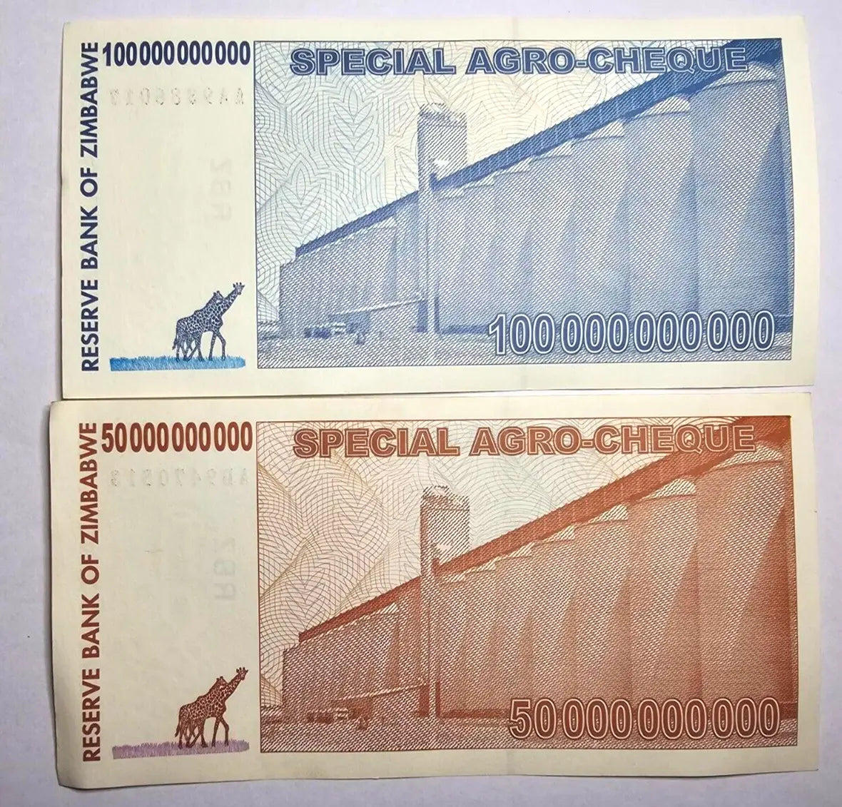 Set Of 2 Notes Zimbabwe 50/100 Billion Dollars Special Agro-Cheque 2008 VF/EF