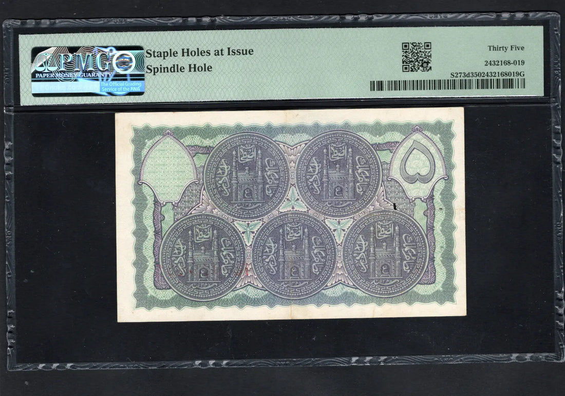 front of Hyderabad India - Princely States 5 rupees  1945  P273D VF PMG35
