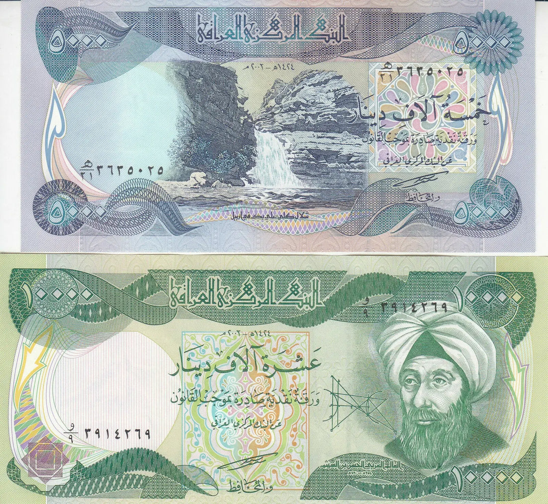 Stack of Iraqi dinar banknotes with Arabic script and historical landmarks