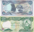 Iraqi dinar banknotes featuring a historical figure and waterfall, collectible currency
