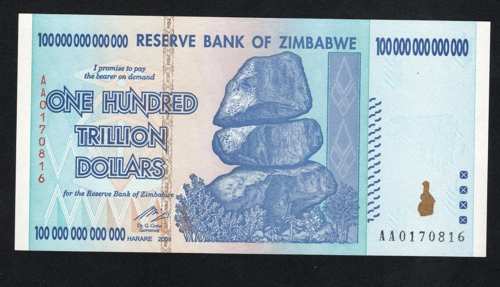 Zimbabwe 100 Trillion Dollar banknote. Genuine, AUNC AA Serial Number UV checked