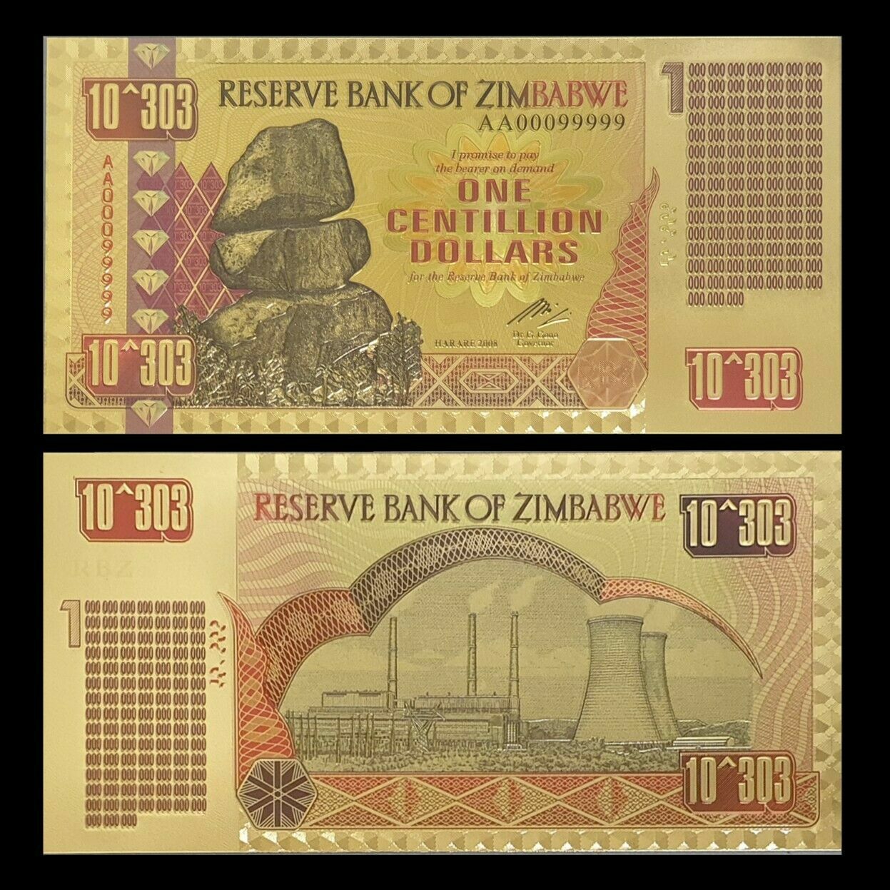 Zimbabwe 1 Centillion Dollars 24K Gold Foil Banknote 100 Trillion Series