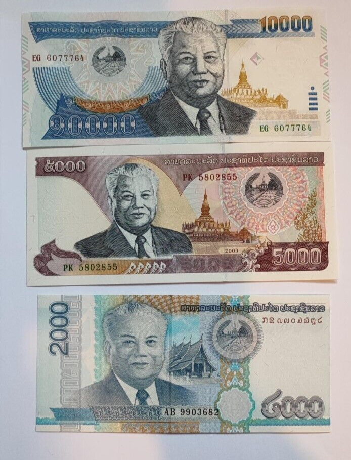 Laos 5 Set 3, 5000, 10000 and 20000 Kip, 2003 to 2011, UNC, P NEW - worldbanknote