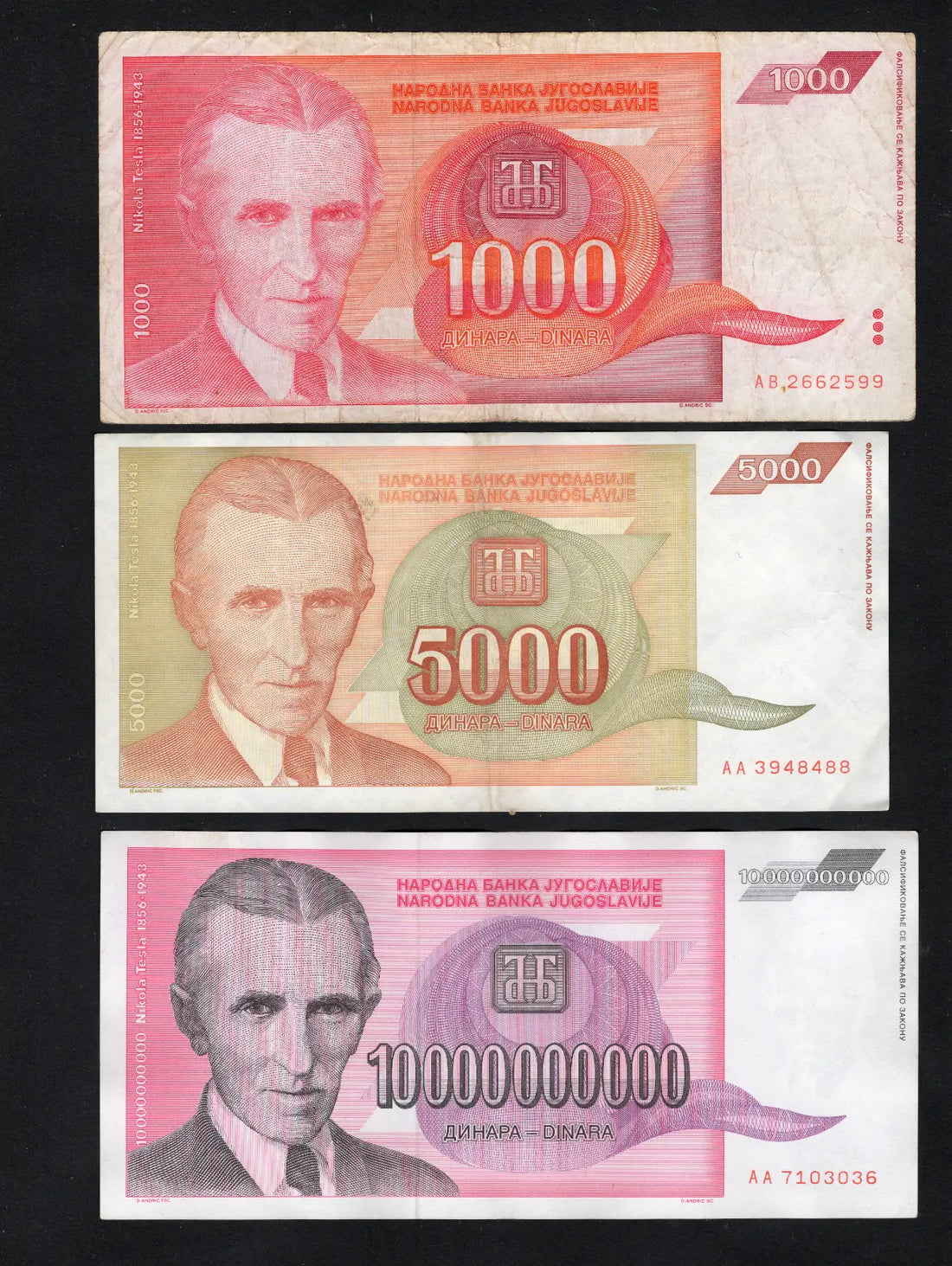 Yugoslavia 1993 Nikola Tesla 1000 & 5000 and 10 billion Dinara Banknote Used