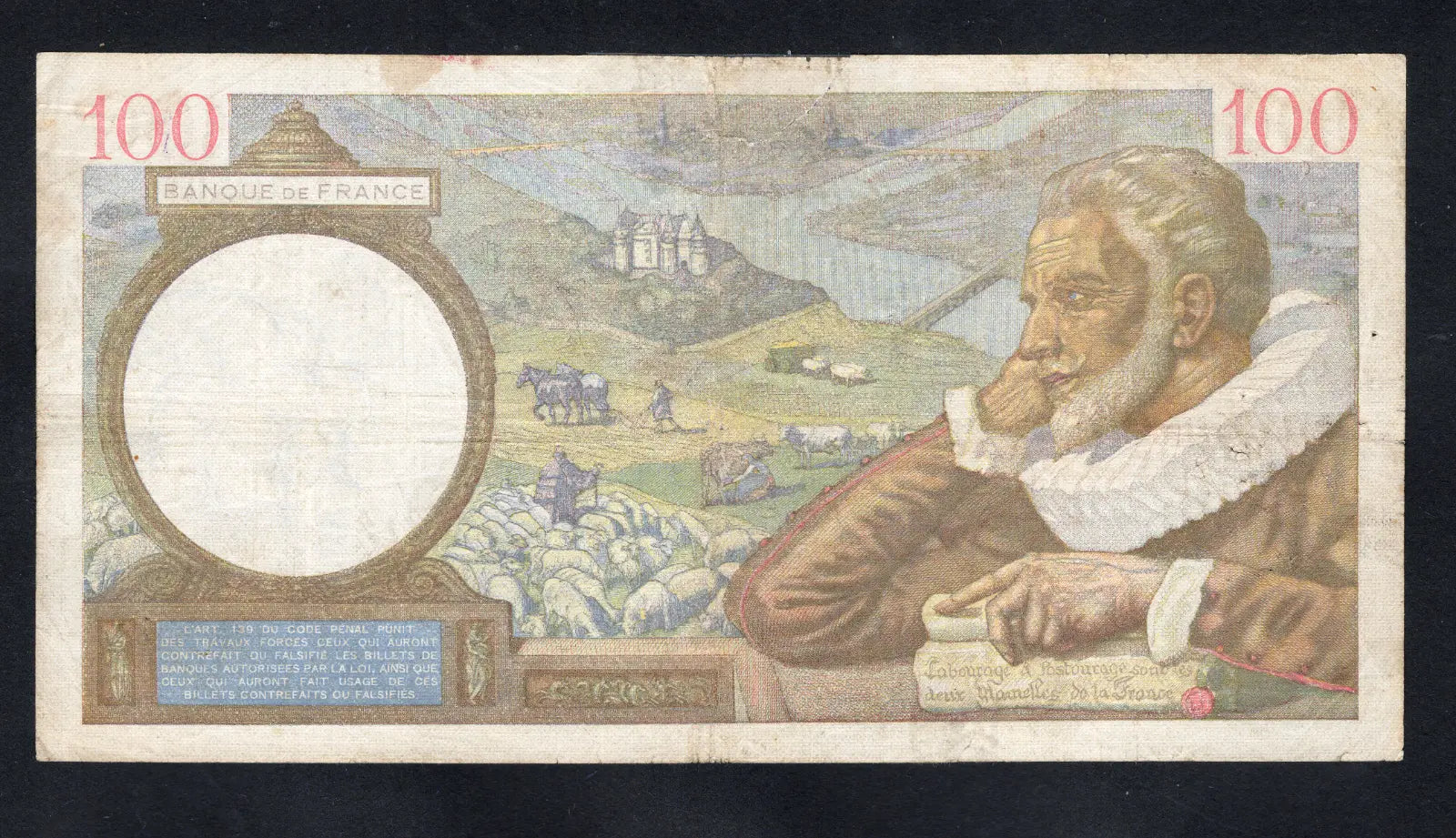 back of FRANCE 100 Francs Banknote (1941) Very Fine /d15