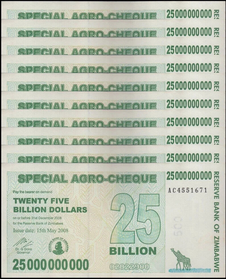 10xZimbabwe 25 Billion Dollars 2008. Good Used Condition - worldbanknote