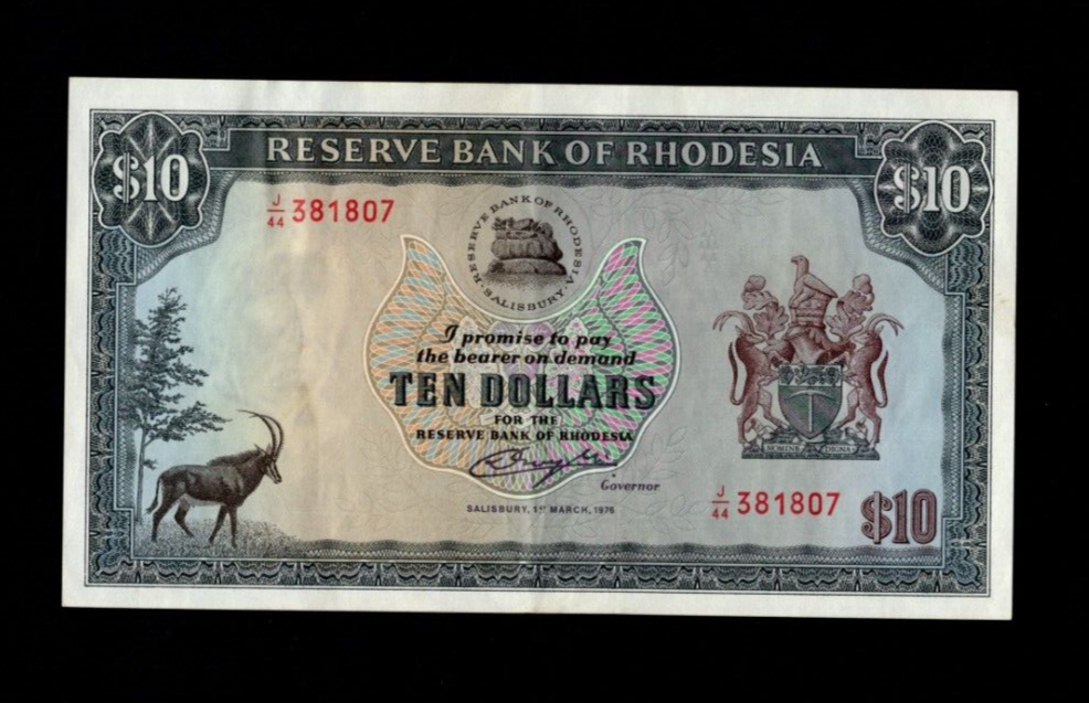 RESERVE BANK OF RHODESIA 10 DOLLARS 1976 BANKNOTE VF/REF D3 - worldbanknote