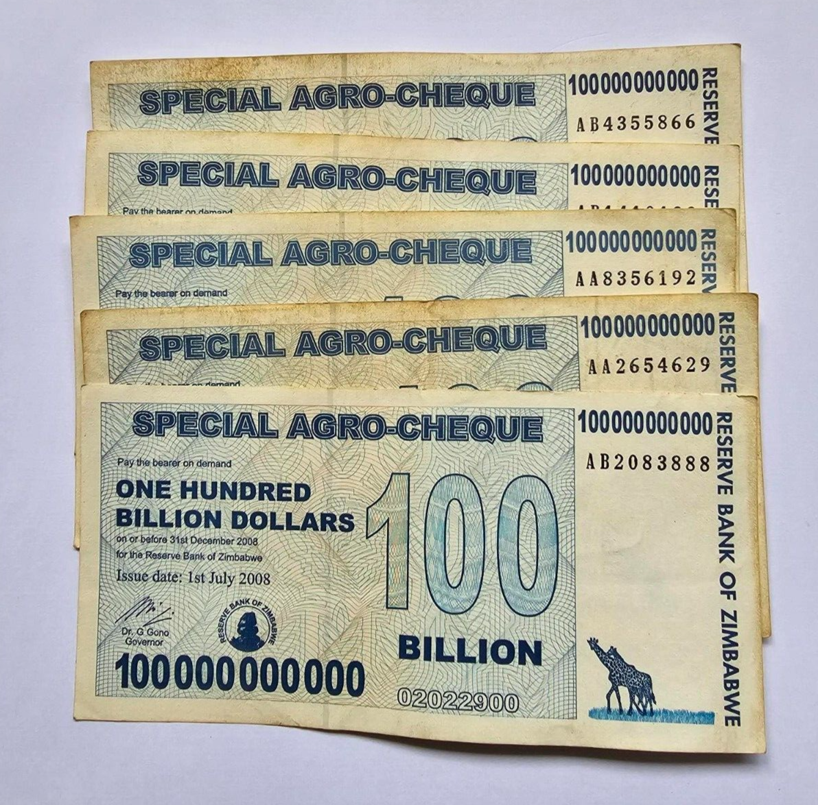 Zimbabwe 5x 100 Billion Dollars 2008 USED - worldbanknote