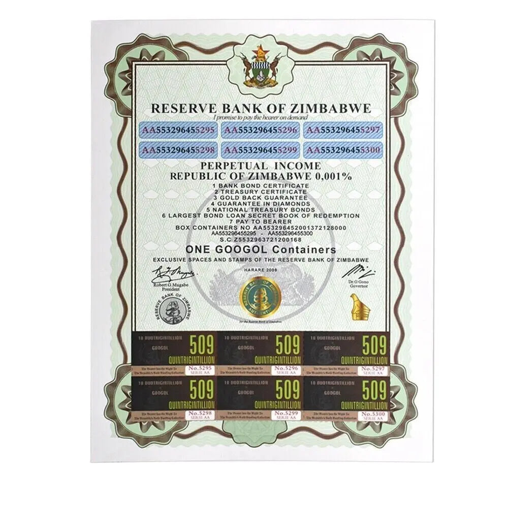 Zimbabwe ONE GOOGOL Containers Banknotes Paper Money Notes UNC