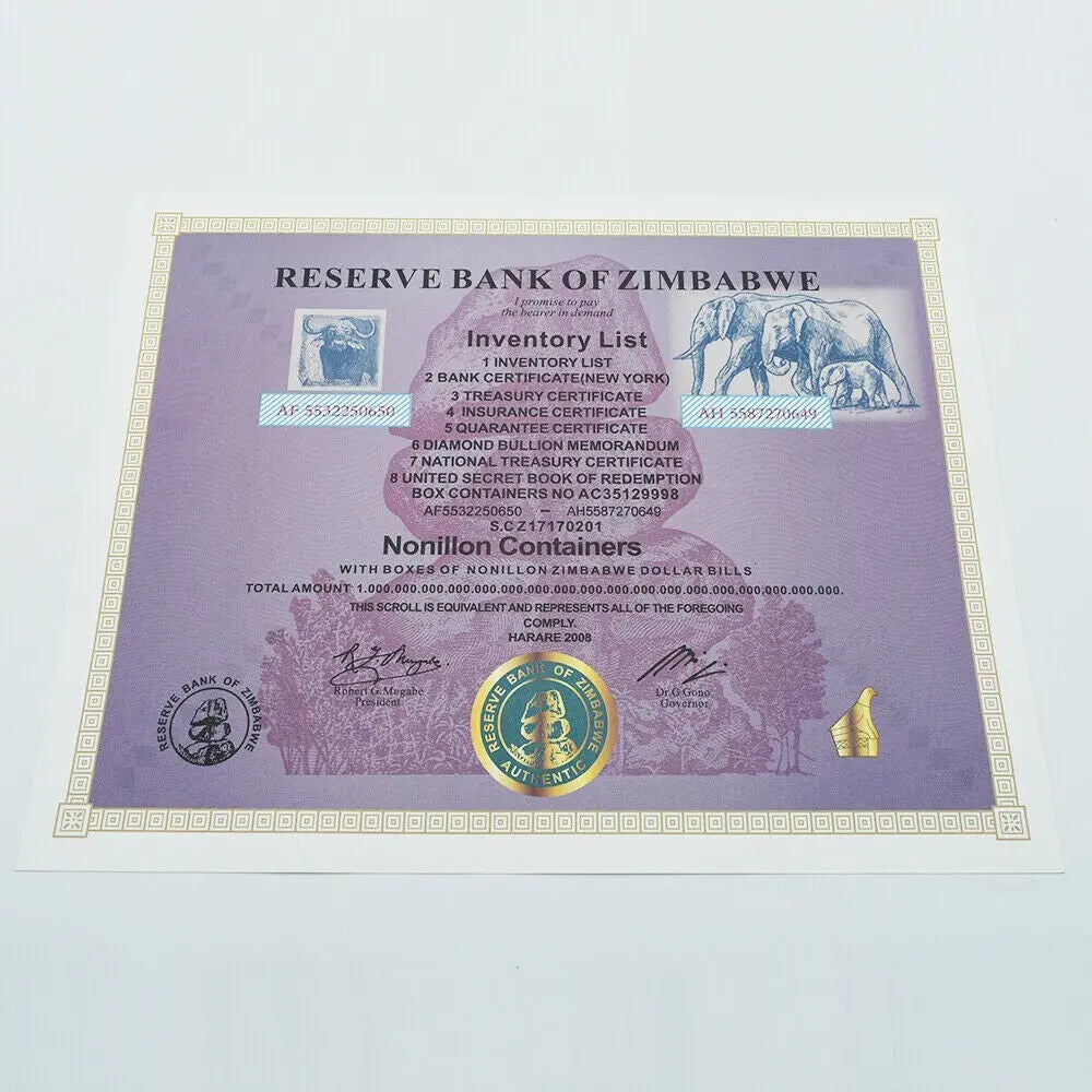 Zimbabwe Nonillon Containers Scroll Banknote 54 Zero Paper Money With UV