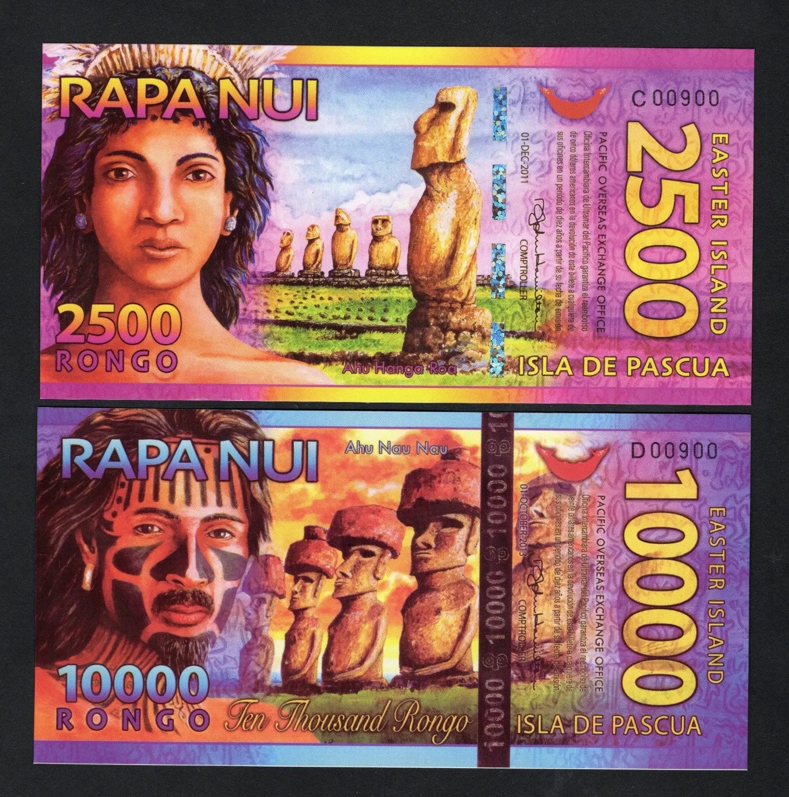 Set Of 4 Easter Island Polymer Banknotes 500 1000 2500 10000  Rongo/v2