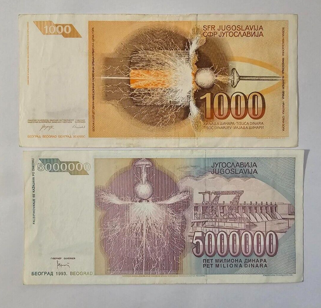 Yugoslavia 1993 Nikola Tesla 1000 & 5 Million Dinara Banknote /ref d2 - worldbanknote