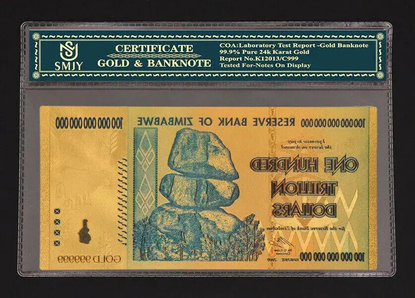 Zimbabwe 100 trillion dollar gold banknote replica with certificate in protective sleeve