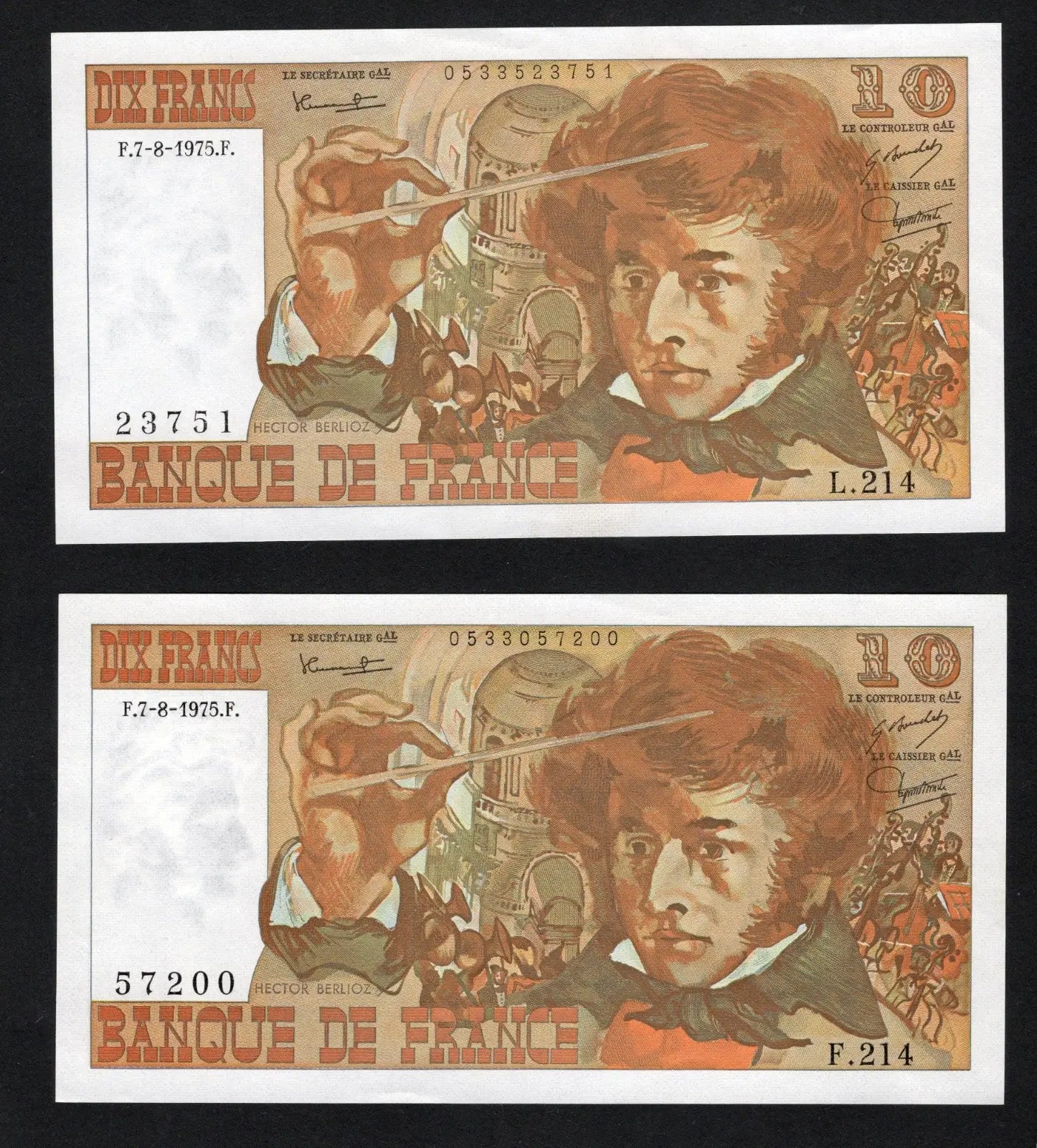 front of 2XFrance 10 Francs 1975 UNC/D11