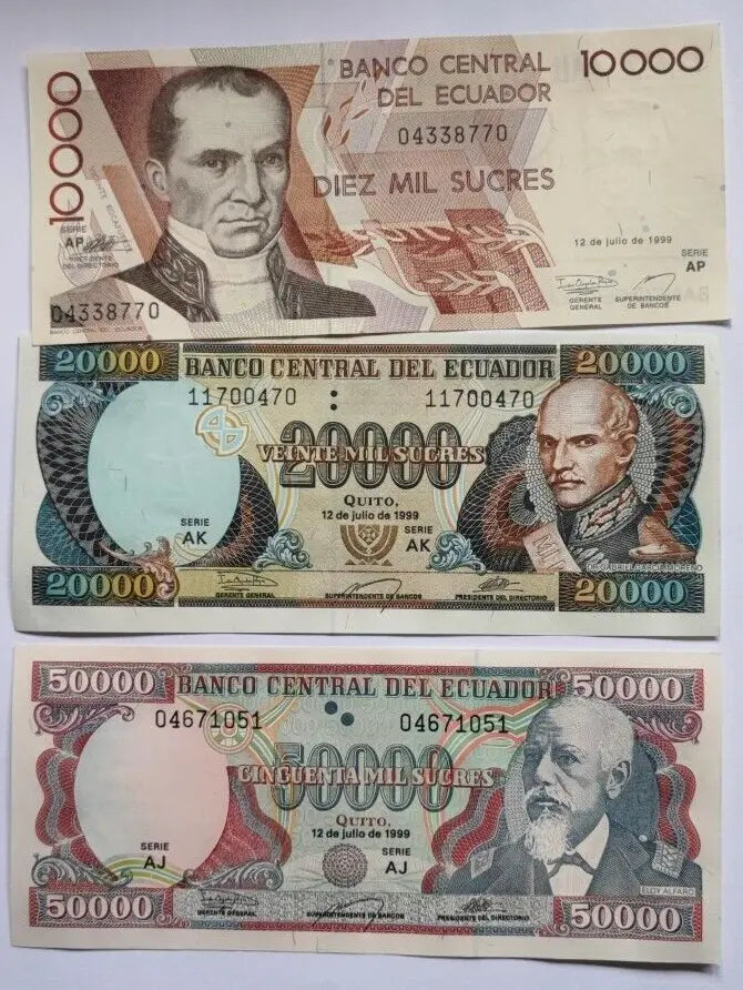 Ecuador 3 Pcs SET 10000 20000 50000 Sucres 1999, UNC, P-128, 129, 130