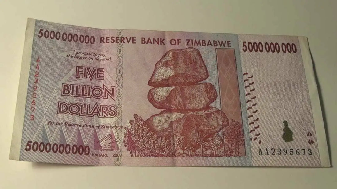 Zimbabwe 5 billion dollar banknote, Reserve Bank, stacked rocks, rare world currency