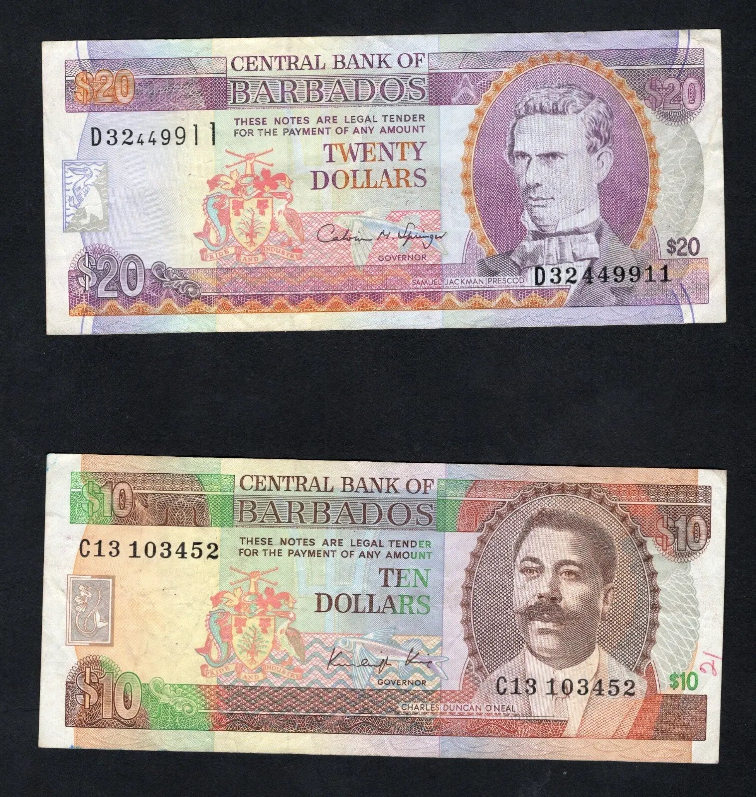 Barbados Dollar banknotes20. 10.5.2 .1 dollars set(2007-1012)VF/AUNC/C1