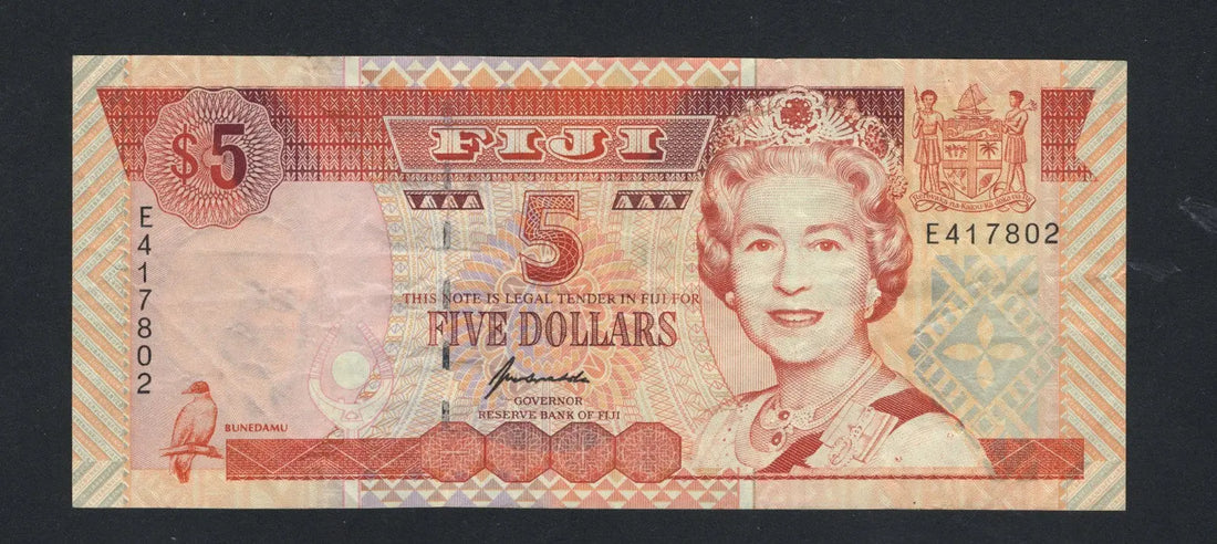 Front of Fiji 5 dollars 1995 VF/f10